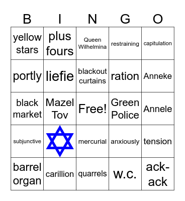 Diary of Anne Frank Vocabulary Bingo Card