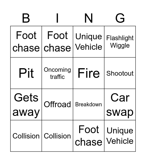 Car Chase Bingo Card