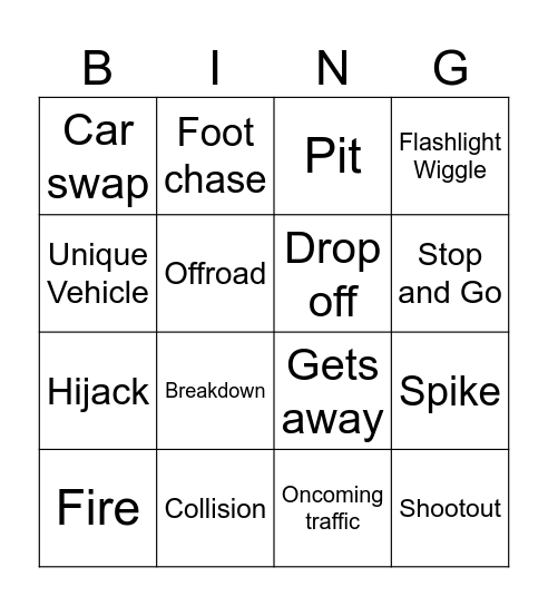 Car Chase Bingo Card