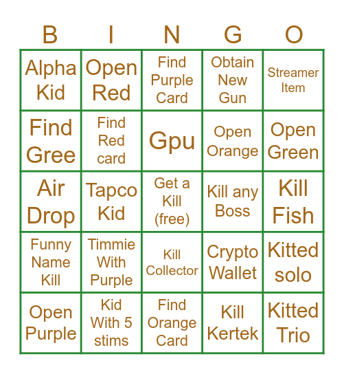 Tabor Bingo Card