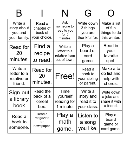 Literacy Week Bingo Fun Bingo Card