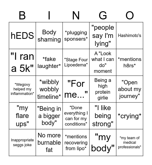 Glitter and Lazers "Medical Mystery" Bingo Card