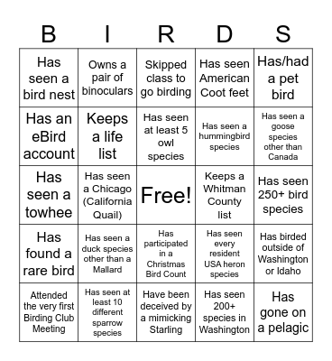 Birding Club Bingo Card