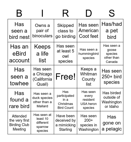 Birding Club Bingo Card