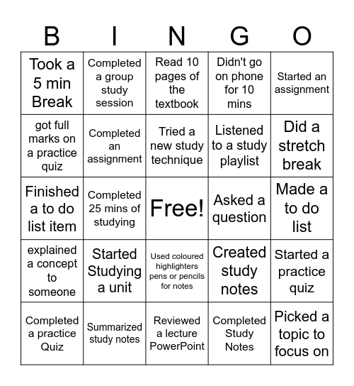 STUDY BINGO Card