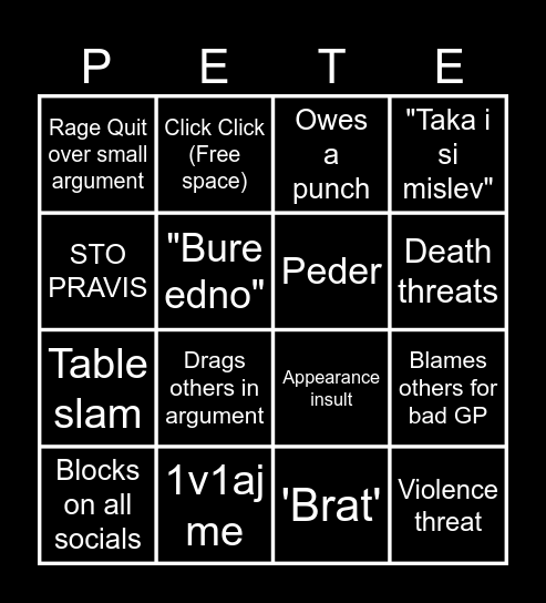 Professional insults by Peter Bingo Card