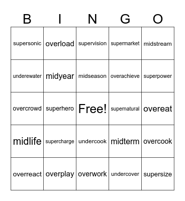 Prefix REVIW-super, mid, over, under Bingo Card