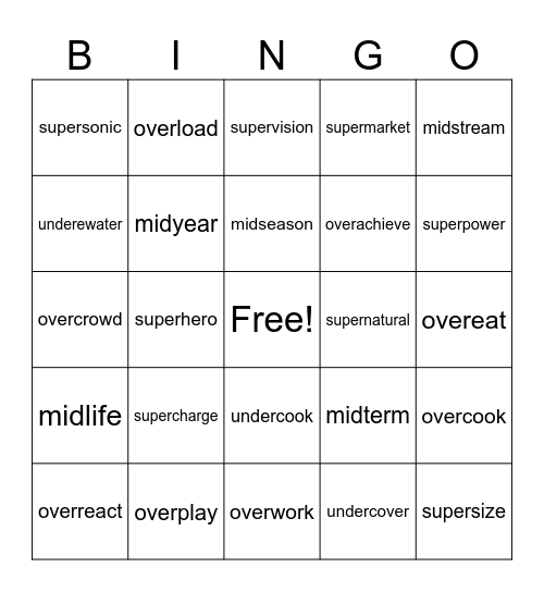 Prefix REVIW-super, mid, over, under Bingo Card
