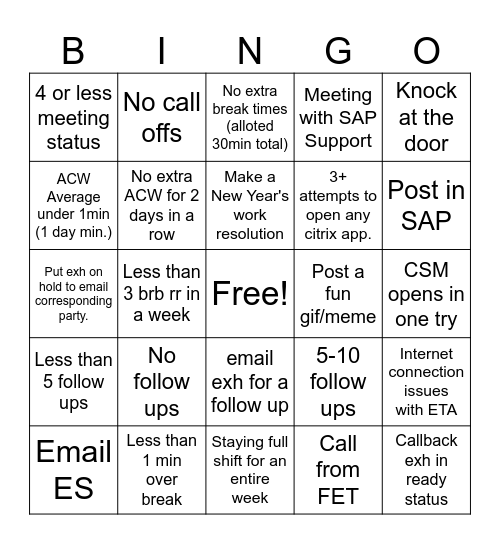 Not Ready Status Bingo Card