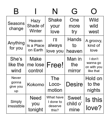 Tops Songs of 1988 Bingo Card