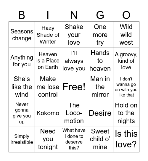 Tops Songs of 1988 Bingo Card