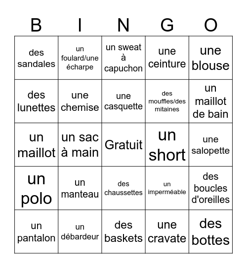 Les vêtements Bingo Card