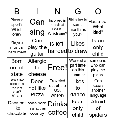 Getting to know you Bingo Card