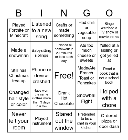 NTI/SNOW DAY BINGO Card