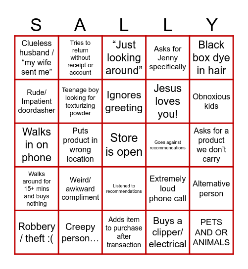 Sally’s bingo Card