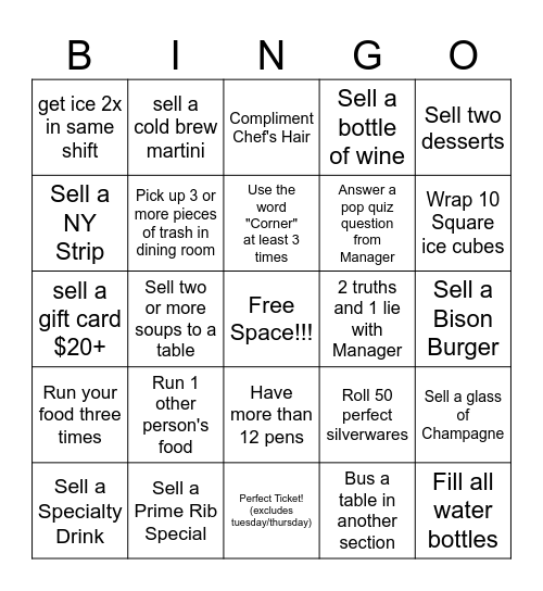 FOH Bingo Competition Bingo Card