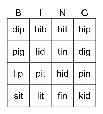short i bingo Card
