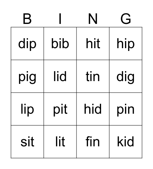 short i bingo Card
