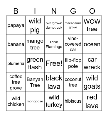 Kona to Ocean View Bingo Card