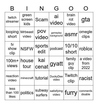 YouTube shorts Bingo Card