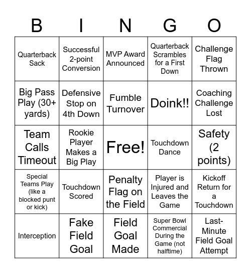 2025 Super Bowl Bingo Card