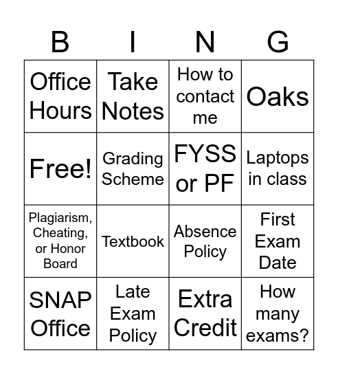 Syllabus Bingo Card