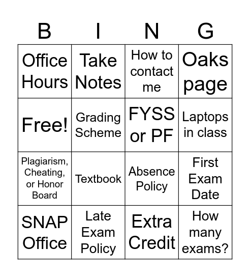 Syllabus Bingo Card