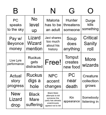 DnD wit Mart and frienies Bingo Card