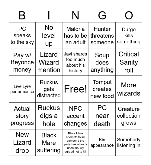 DnD wit Mart and frienies Bingo Card
