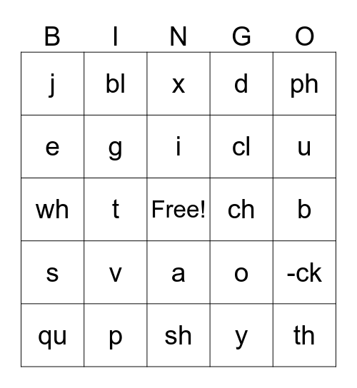 Phonics Bingo Card