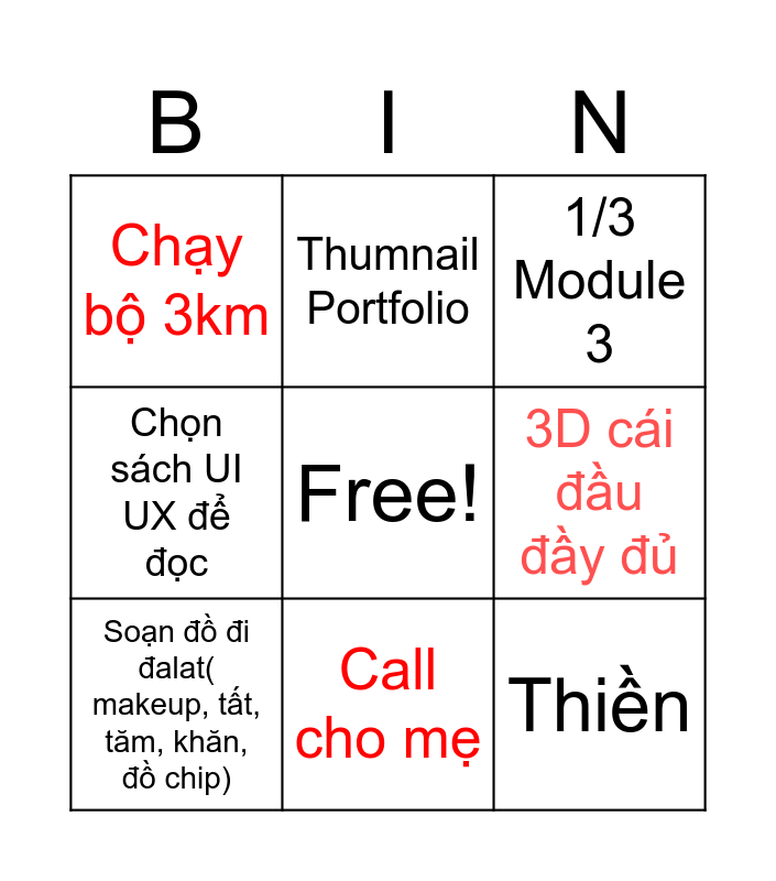 9/1 Daily task Bingo Card