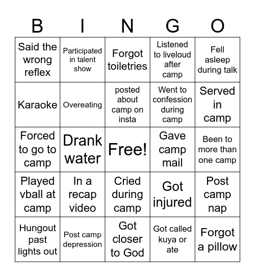 Youth camp bingo Card