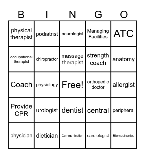 Sports Medicine Bingo Card
