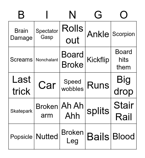 Skater Fails Bingo Card