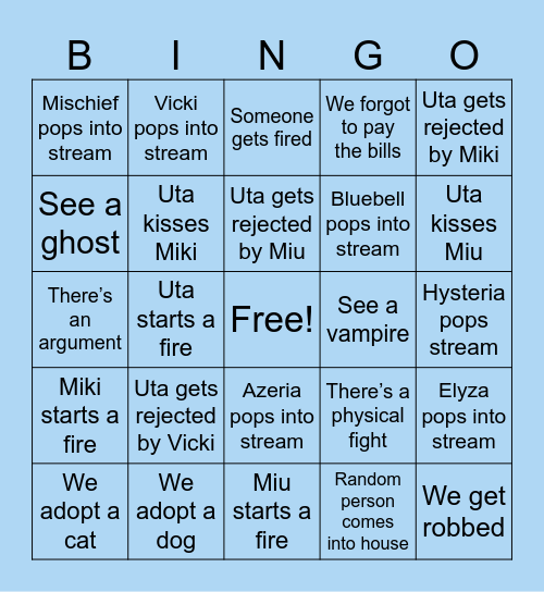 Uta's Unhinged Bingo Card