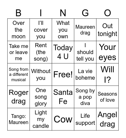 RENT drag bingo Card