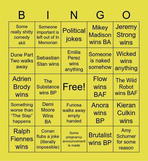 Oscar Race Bingo Card