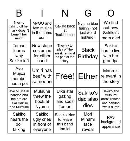 Ave Mujica anime bingo (nightmare) Bingo Card
