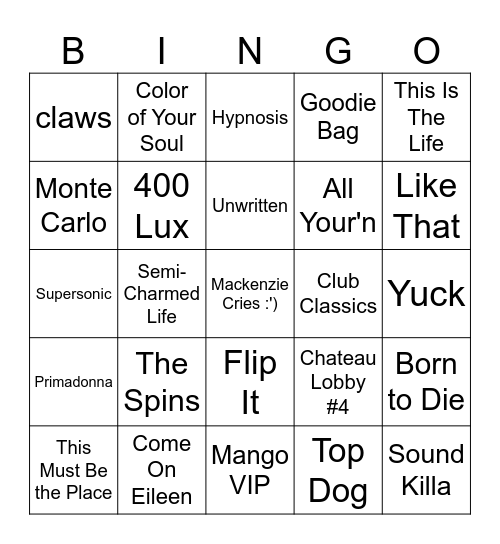 Musical Bingo Card