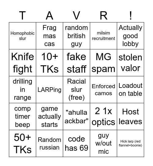 TAVR Pub Lobby Bingo Backup Bingo Card