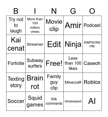 YouTube Shorts Bingo Card