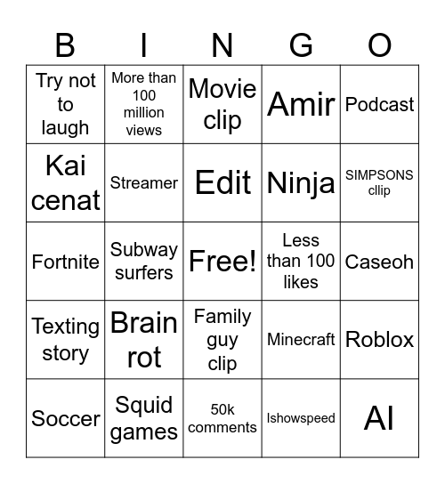 YouTube Shorts Bingo Card