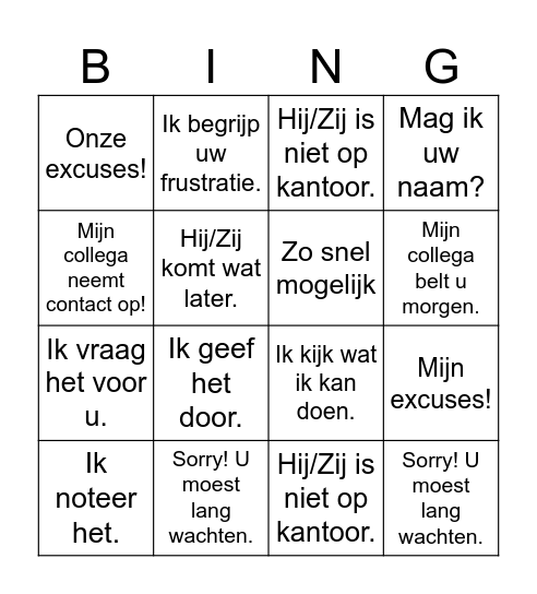 S'excuser auprès du client/visiteur Bingo Card