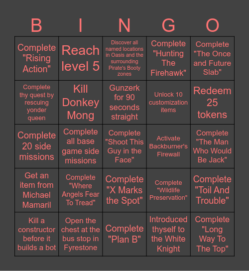 Borderlands 2 Achievement Bingo Card
