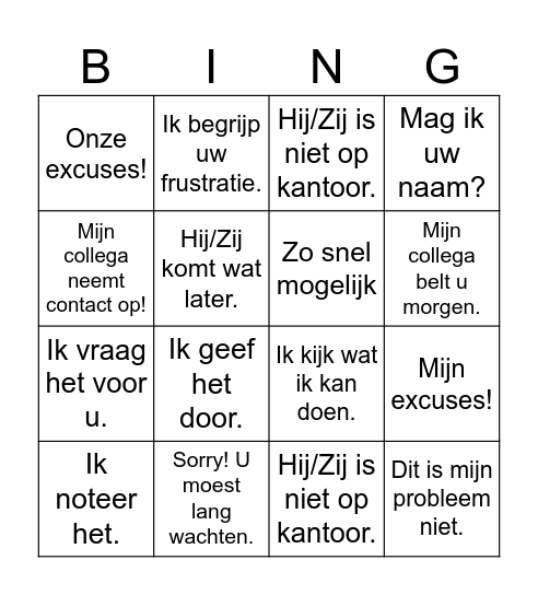 Faire patienter un client/visiteur Bingo Card