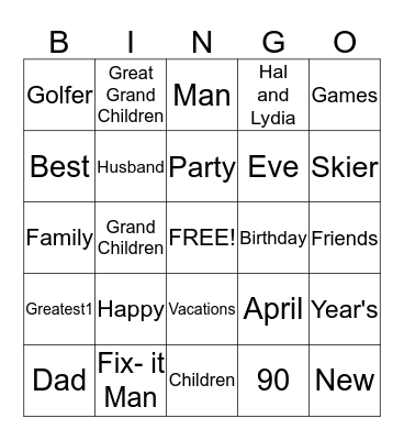 Uncle Dode's 90th Birthday Bingo Card