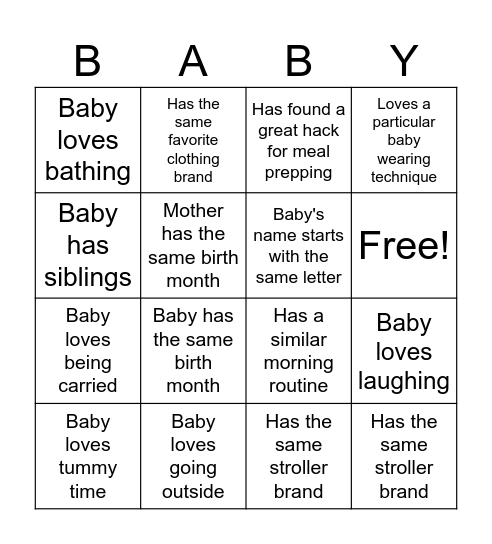 Mom & Baby BINGO Card