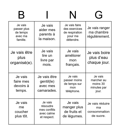 Les résolutions de Lester Bingo Card