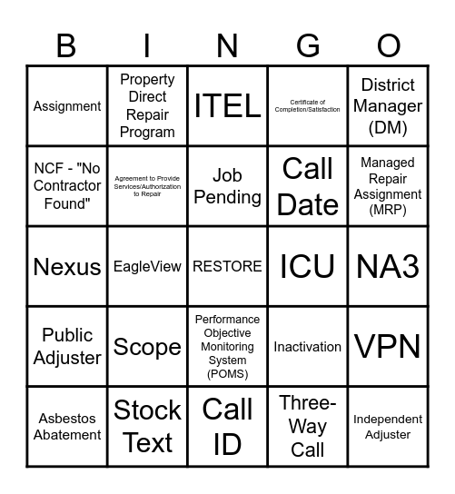 RESTORE BINGO Card