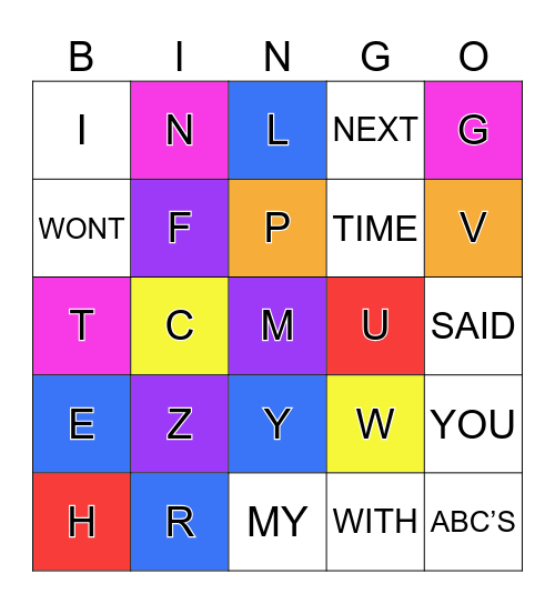 Alphabetical Order Bingo Card